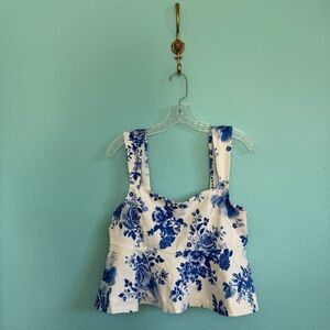 🏷️ NWT - ANTHROPOLOGIE Maeve Blue Floral Square-Neck Peplum Tank Top in Sz LARGE